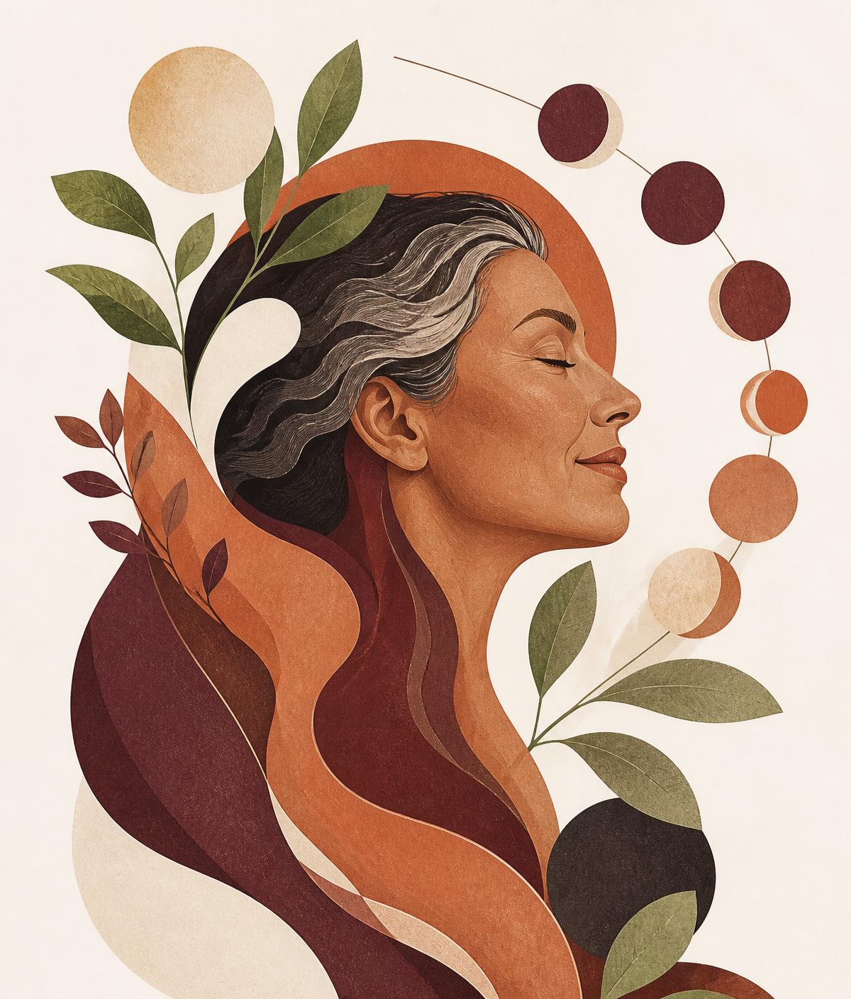 Ilustração editorial de uma mulher madura cercada por formas que representam ciclos da vida